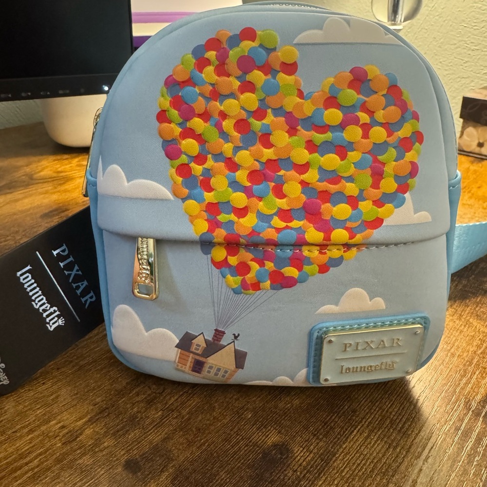 Loungefly “Up” Belt Bag  - Blue with Multicolor Balloon Heart Design